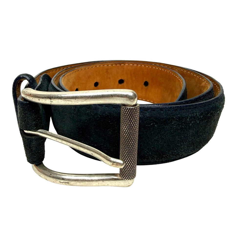 W. Kleinberg Mens Navy Blue‎ Suede Belt Silver Knurled Roller Buckle Made USA 32